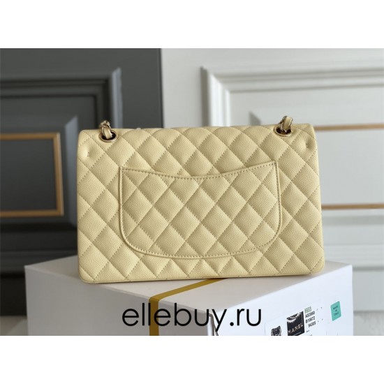 Chanel Classic Flap bag Medium 25 Light Yellow with champagne gold hardware, Caviar leather, Hass Factory leather, seamless.