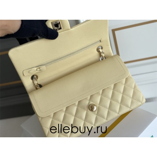 Chanel Classic Flap bag Medium 25 Light Yellow with champagne gold hardware, Caviar leather, Hass Factory leather, seamless.