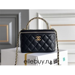 Chanel Vanity Makeup pouch 23A Black with gold hardware, handle, Camellia adjustable buckle, lambskin, 17x10x8cm.