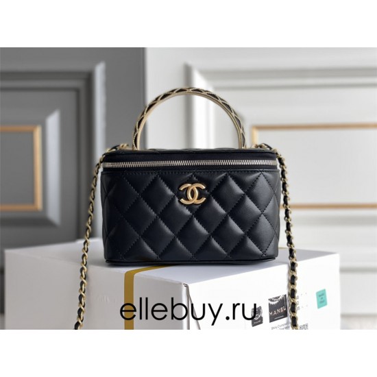 Chanel Vanity Makeup pouch 23A Black with gold hardware, handle, Camellia adjustable buckle, lambskin, 17x10x8cm.