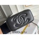 Chanel Vanity Makeup pouch 23A Black with pink interior, handle, Camellia adjustable buckle, lambskin, 17x10x8cm.