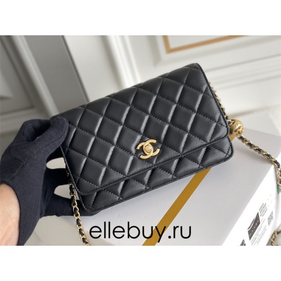 Chanel WOC 23C Gold Ball, Black with gold hardware, lambskin, Hass Factory leather, yellow interior, 19x12x3.5cm.