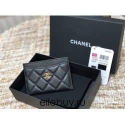 Chanel Classic Card Holder Black with Gold Hardware Lamb Leather Hass Factory leather Red Interior 11x7x1cm