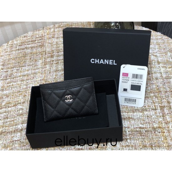 Chanel Classic Card Holder Black with Silver Hardware Caviar Leather Hass Factory leather Red Interior 11x7x1cm