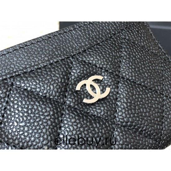 Chanel Classic Card Holder Black with Silver Hardware Caviar Leather Hass Factory leather Red Interior 11x7x1cm