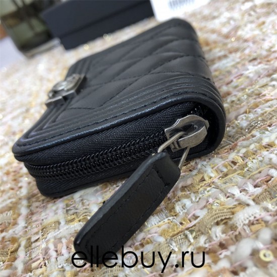 Chanel Leboy Key Pouch Black with Silver Hardware Lamb Leather Hass Factory leather Small Card Holder Coin Purse 11cm