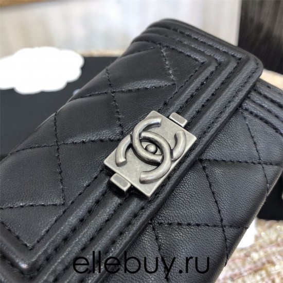 Chanel Leboy Key Pouch with Flap Black with Silver Hardware Lamb Leather Hass Factory leather Small Card Holder Coin Purse 11cm