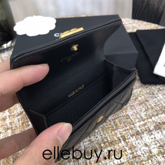 Chanel Leboy Key Pouch with Flap Black with Gold Hardware Lamb Leather Hass Factory leather Small Card Holder Coin Purse 11cm