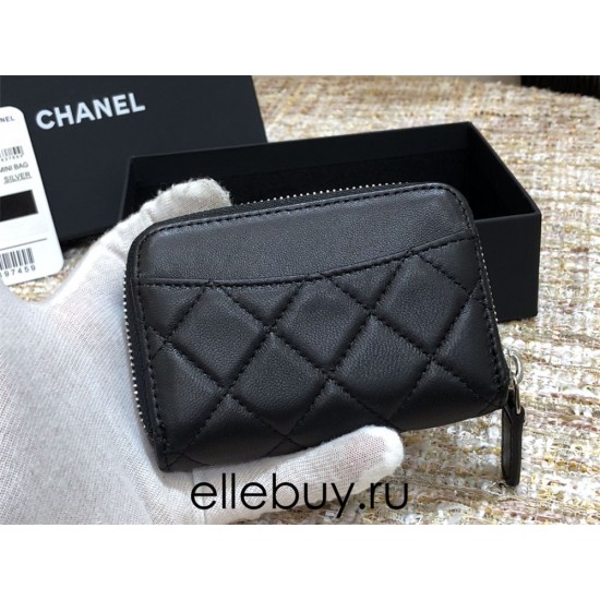 Chanel Classic Card Holder Black with Silver Hardware Lamb Leather Hass Factory leather 11cm