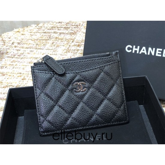 Chanel Classic Card Holder Black with Silver Hardware Caviar Leather Hass Factory leather 11x8cm