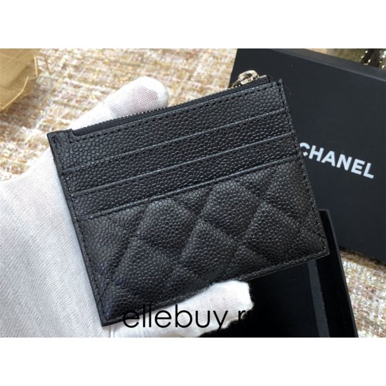 Chanel Classic Card Holder Black with Silver Hardware Caviar Leather Hass Factory leather 11x8cm