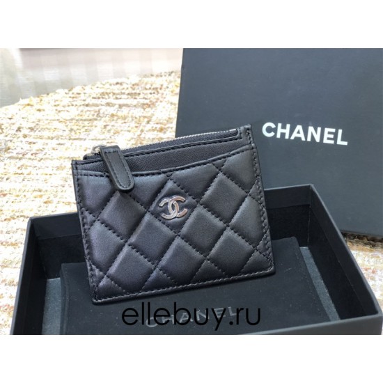 Chanel Classic Card Holder Black with Silver Hardware Lamb Leather Hass Factory leather 11x8cm