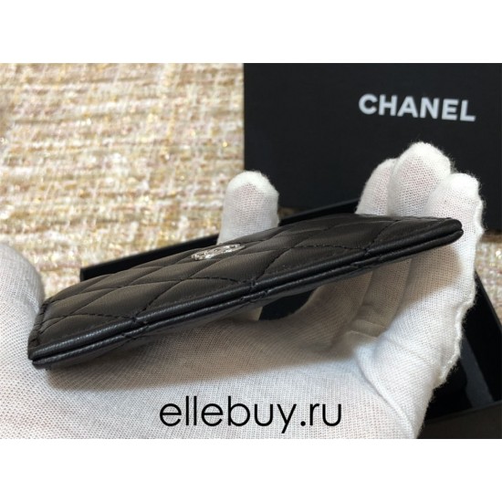 Chanel Classic Card Holder Black with Silver Hardware Lamb Leather Hass Factory leather 11x8cm