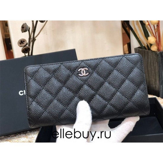 Chanel Long Wallet Folded Black with Silver Hardware Caviar Leather Hass Factory leather 19cm