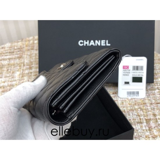 Chanel Classic Wallet Long Black with Silver Hardware Lamb Leather Hass Factory leather 19cm