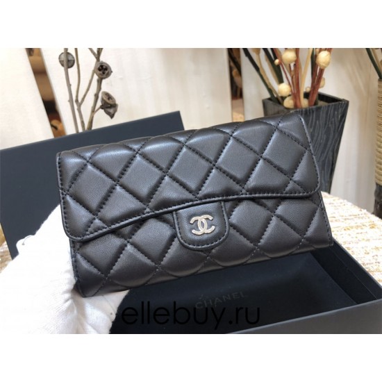 Chanel Classic Wallet Long Black with Silver Hardware Lamb Leather Hass Factory leather 18cm