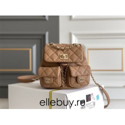 Chanel 23P Vintage Double Pocket Backpack Apricot Champagne Gold Hardware Caviar Leather Hass Factory leather 18x17x10cm