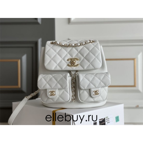 Chanel 23P Vintage Double Pocket Backpack White Champagne Gold Hardware Medium Size Caviar Leather Hass Factory leather 21x20x12cm