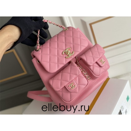 Chanel 23A Vintage Double Pocket Backpack Pink Champagne Gold Hardware Medium Size Calfskin Leather Hass Factory leather 21x20x12cm