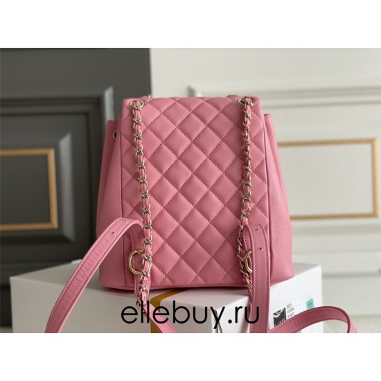 Chanel 23A Vintage Double Pocket Backpack Pink Champagne Gold Hardware Medium Size Calfskin Leather Hass Factory leather 21x20x12cm