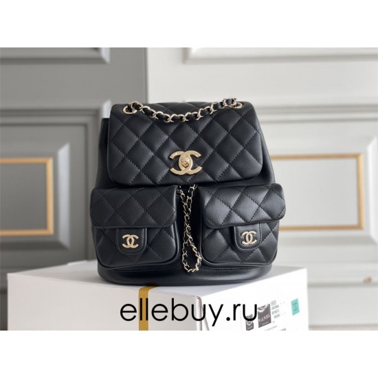 Chanel 23A Double Pocket Vintage Backpack Black Champagne Gold Hardware Medium Size Calfskin Leather Hass Factory leather 18x17x10cm