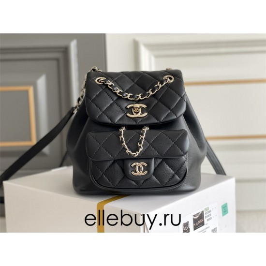 Chanel 22A Duma Backpack Black Champagne Gold Hardware Small Size Lambskin Leather Hass Factory leather 18x18x12cm