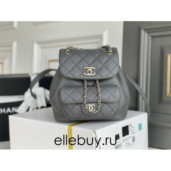 Chanel 22A Duma Backpack Gray Champagne Gold Hardware Small Size Lambskin Leather Hass Factory leather 18x18x12cm