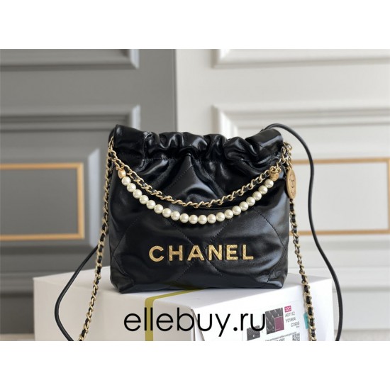 Chanel 23S Chanel 22 Mini Black Pearl Chain Gold Hardware Calfskin Leather Hass Factory leather 19x20x6cm