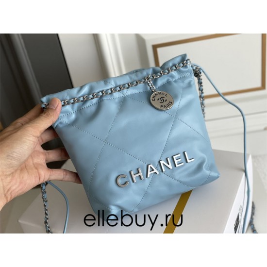 Chanel 23A Chanel 22 Mini Milky Blue Silver Hardware Calfskin Leather Hass Factory leather 19x20x6cm