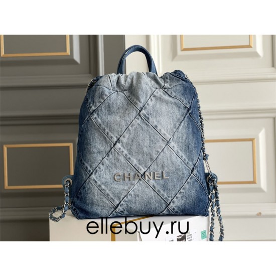 Chanel 23P Chanel 22 Bag Denim Backpack Silver Hardware Silver Hardware Calfskin Leather Hass Factory leather 29x35x11cm