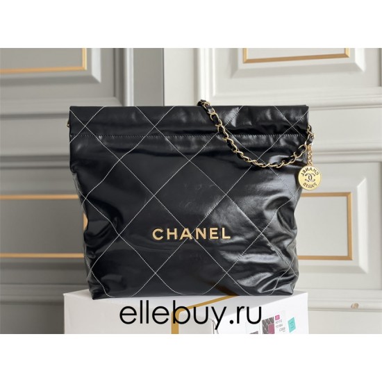 Chanel 22K Chanel 22 Bag Black with White Lines Small Size 37 Gold Hardware Calfskin Leather Hass Factory leather 35x37x7cm