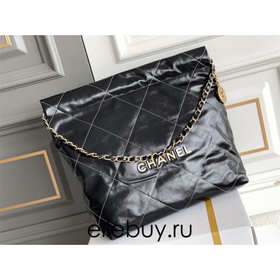 Chanel 22K Chanel 22 Bag Black with White Lines Small Size 37 Gold Hardware Calfskin Leather Hass Factory leather 35x37x7cm