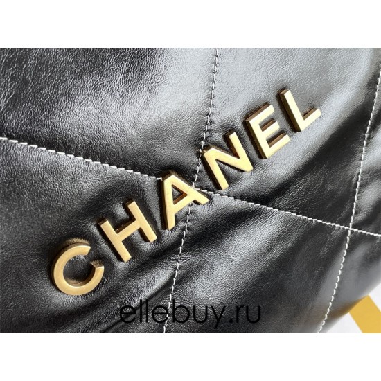 Chanel 22K Chanel 22 Bag Black with White Lines Small Size 37 Gold Hardware Calfskin Leather Hass Factory leather 35x37x7cm