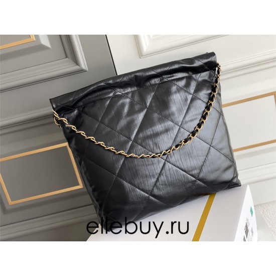 Chanel 23A Chanel 22 Bag Black with Hand Grab Wrinkles Small Size 37 Gold Hardware Calfskin Leather Hass Factory leather 35x37x7cm