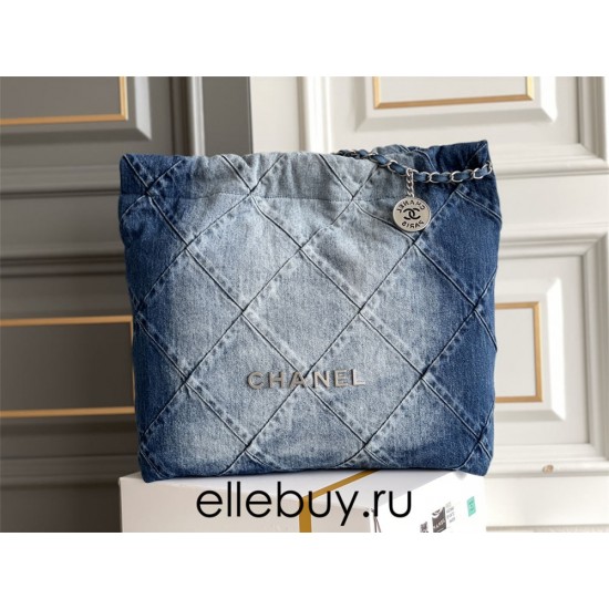 Chanel 23C 22 Bag, medium size, denim fabric, silver-tone hardware, 38x42x8cm