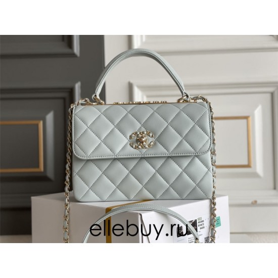 Chanel 23S Trendy CC in medium size 25, light blue, lambskin, light gold-tone hardware, Hass Factory leather, 17x25x12cm