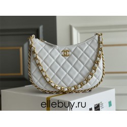 Chanel 23B Hobo Chain Bag, small size 24, white, lambskin, Hass Factory leather, gold-tone hardware, 15x24x2cm