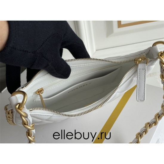 Chanel 23B Hobo Chain Bag, small size 24, white, lambskin, Hass Factory leather, gold-tone hardware, 15x24x2cm