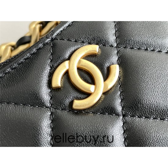 Chanel 23B Hobo Chain Bag, small size 24, black, lambskin, Hass Factory leather, gold-tone hardware, 15x24x2cm