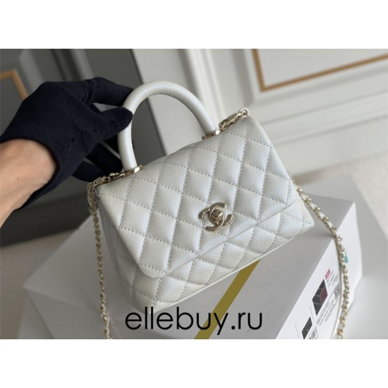 Chanel Classic Coco Handle Mini, 19cm flap bag, white, champagne gold hardware, caviar leather, Hass Factory leather, 13x19x9cm