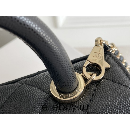 Chanel Classic Coco Handle Mini, 19cm flap bag, black, with stitched edges, champagne gold hardware, caviar leather, Hass Factory leather, 13x19x9cm