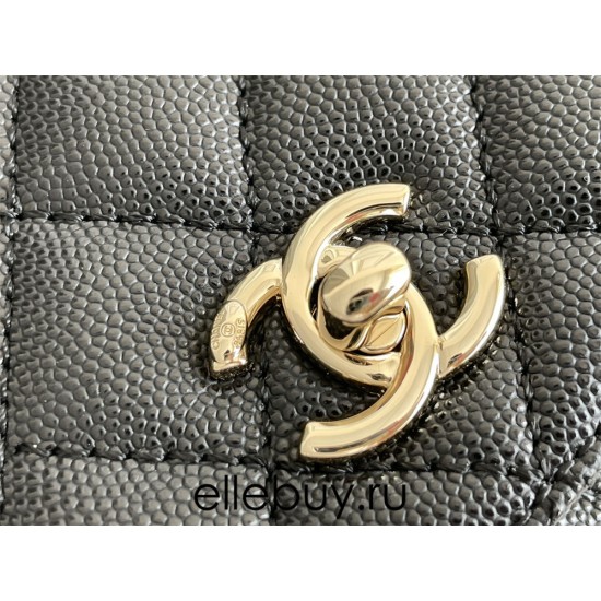 Chanel Classic Coco Handle Mini, 19cm flap bag, black, with stitched edges, champagne gold hardware, caviar leather, Hass Factory leather, 13x19x9cm