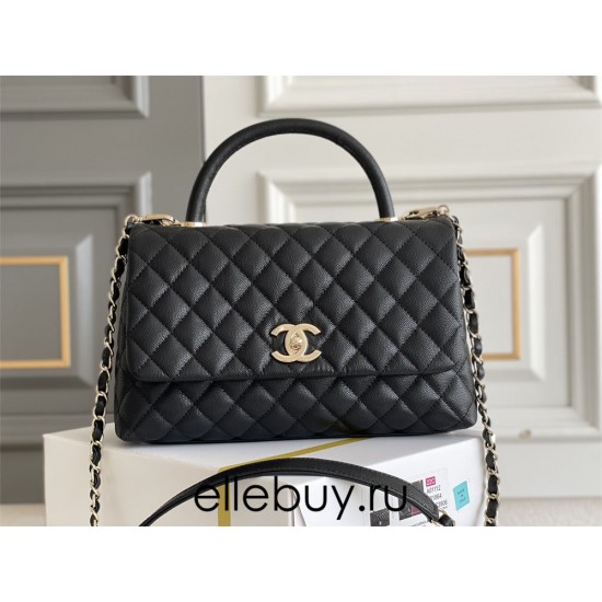 Chanel Classic Coco Handle, medium size 29cm flap bag, black, without stitched edges, champagne gold hardware, caviar leather, Hass Factory leather, 29x18x12cm