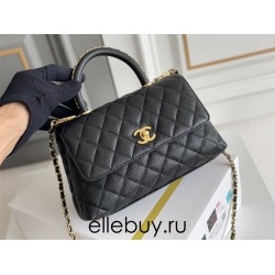 Chanel 23P Coco Handle, small size 24cm flap bag, black, with stitched edges, gold-tone hardware, caviar leather, Hass Factory leather, 24x14x10cm