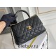 Chanel 23P Coco Handle, small size 24cm flap bag, black, with stitched edges, gold-tone hardware, caviar leather, Hass Factory leather, 24x14x10cm