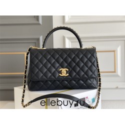 Chanel 23P Coco Handle, medium size 29cm flap bag, black, with stitched edges, gold-tone hardware, caviar leather, Hass Factory leather, 29x18x12cm