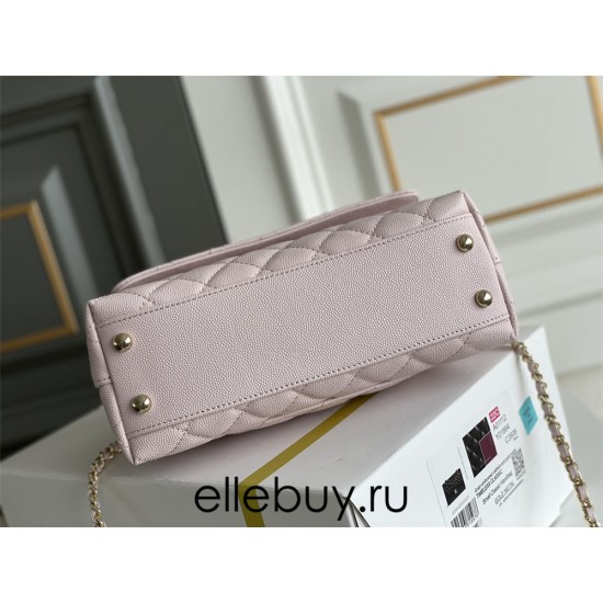 Chanel Coco Handle, small size 24cm flap bag, pink, with stitched edges, champagne gold hardware, caviar leather, Hass Factory leather, 24x14x10cm