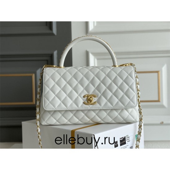 Chanel 23P Coco Handle, small size 29cm flap bag, white, gold-tone hardware, caviar leather, Hass Factory leather, 29x18x12cm