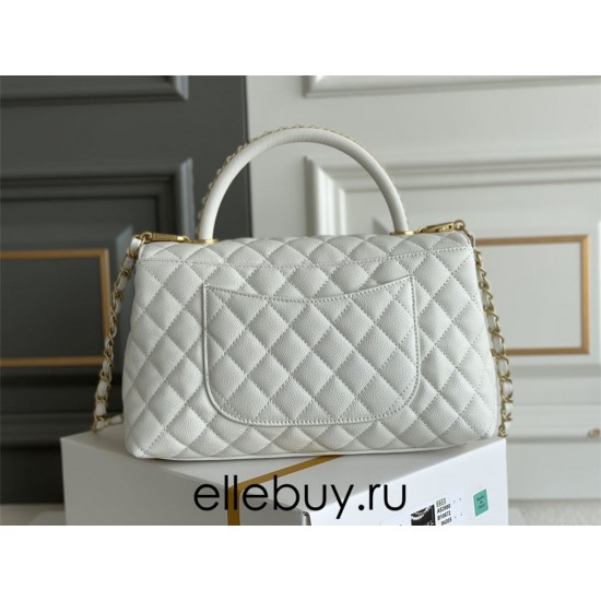 Chanel 23P Coco Handle, small size 29cm flap bag, white, gold-tone hardware, caviar leather, Hass Factory leather, 29x18x12cm