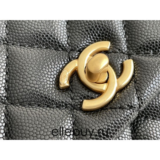 Chanel Classic Coco Handle, small size 24cm flap bag, black lizard skin handle, champagne gold hardware, with stitched edges, caviar leather, Hass Factory leather, 24x14x10cm